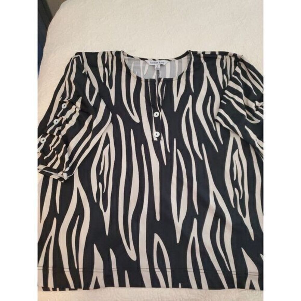 La Mer‎ Luxe Tunic Shirt Womens Small Half Sleeve Ruched Flowy Artsy Black Beige